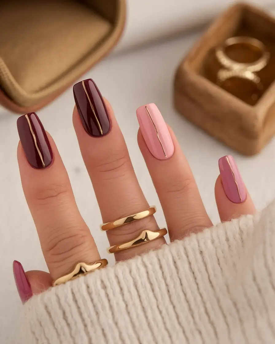 Fall Nail design Burgundy Meets Soft Pink Minimalism