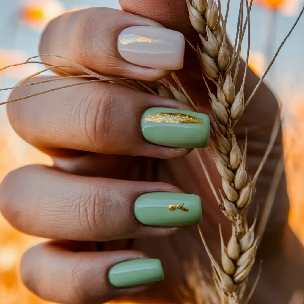 Fall Nail design Olive Green Serenity with Golden Touch