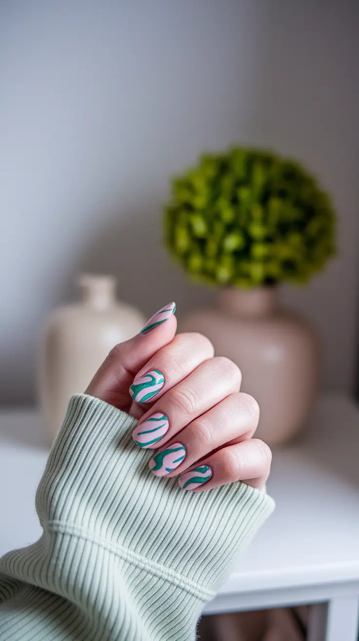 Fall Nail design Teal Swirls on a Neutral Base