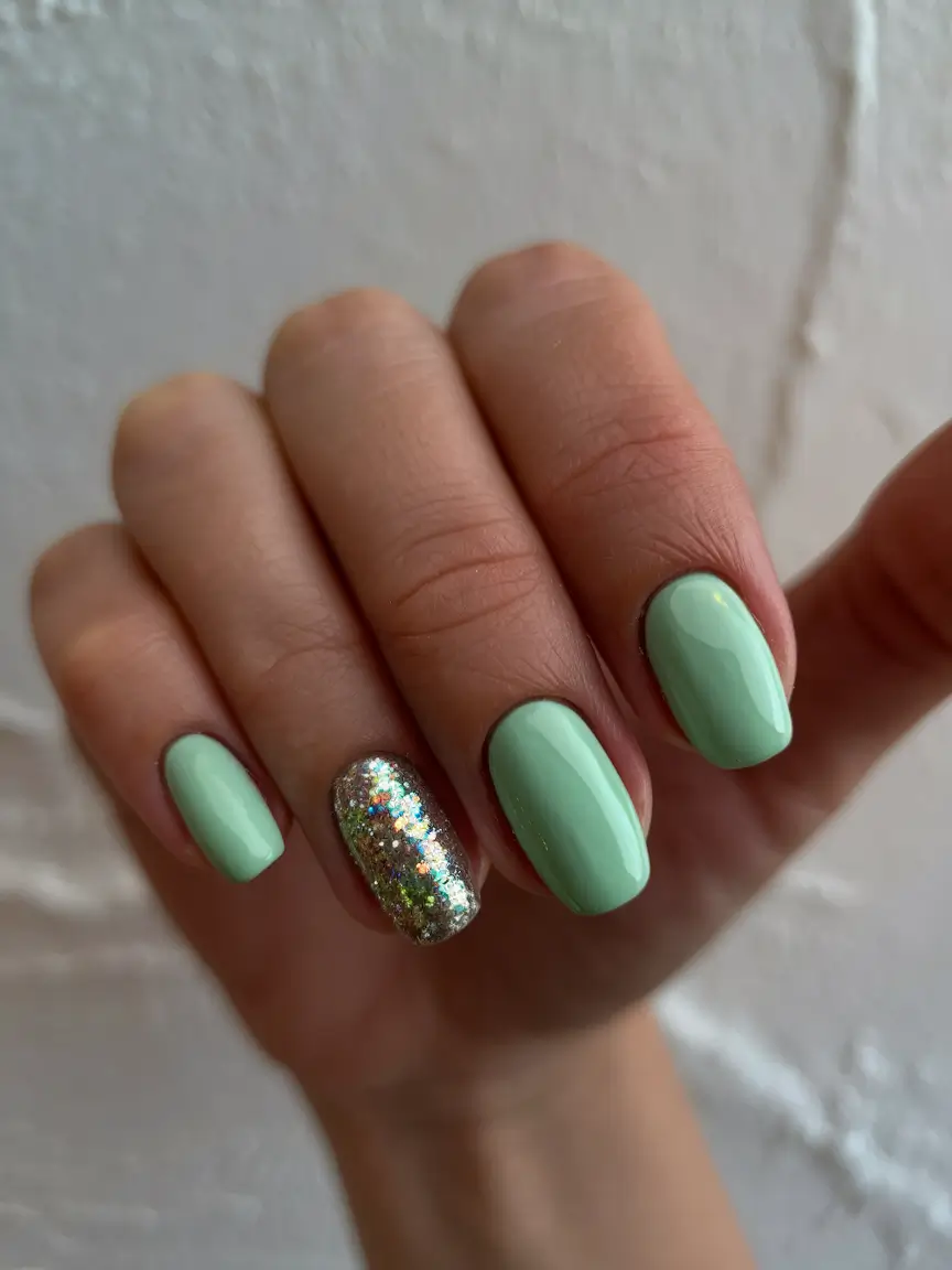 fall nails 2025 color trends Mint Freshness with Glitter Accent