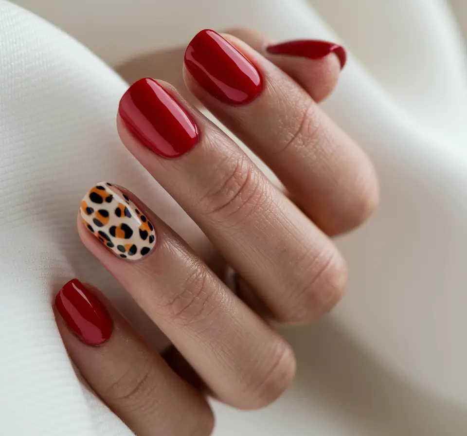 fall nails 2025 color trends Classic Red with Leopard Accent