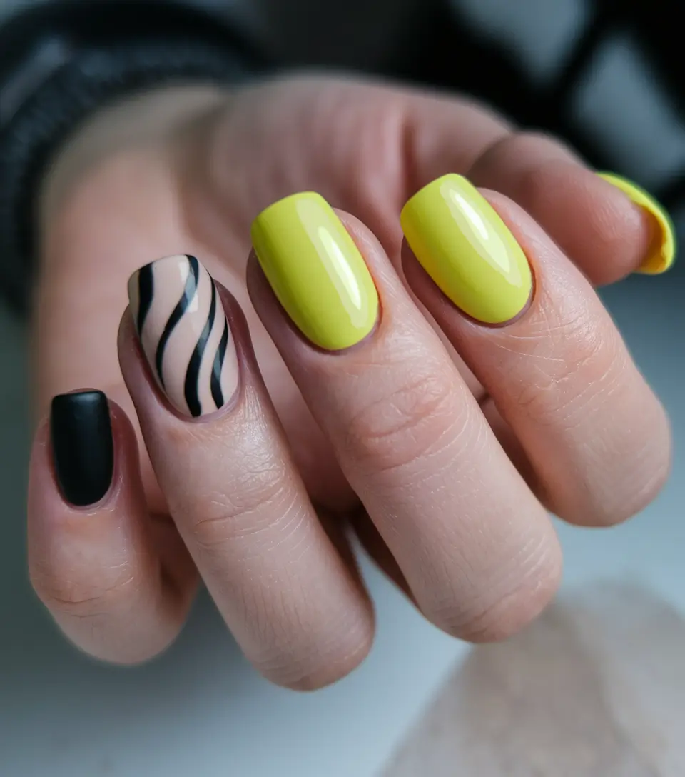fall nails 2025 color trends Bold Yellow and Graphic Stripes