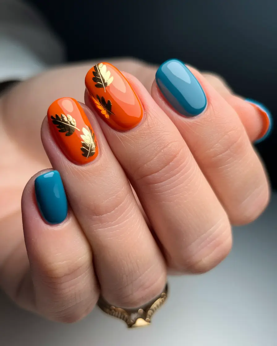 fall nails 2025 color trends Autumn Orange with Leaf Motif
