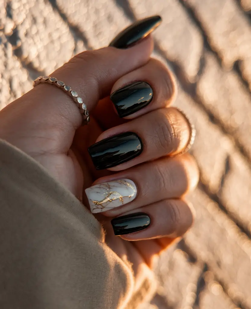 fall nails 2025 color trends Black Marble Elegance