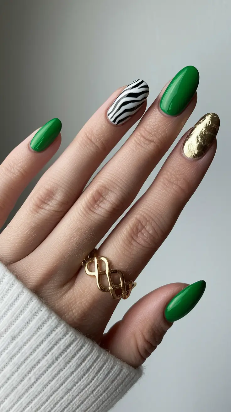 fall nails 2025 color trends Green, Zebra, and Gold Luxe