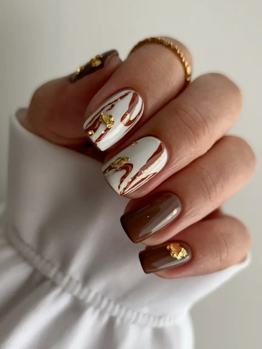 fall season nails ideas Chocolate Marble with Gold Touch