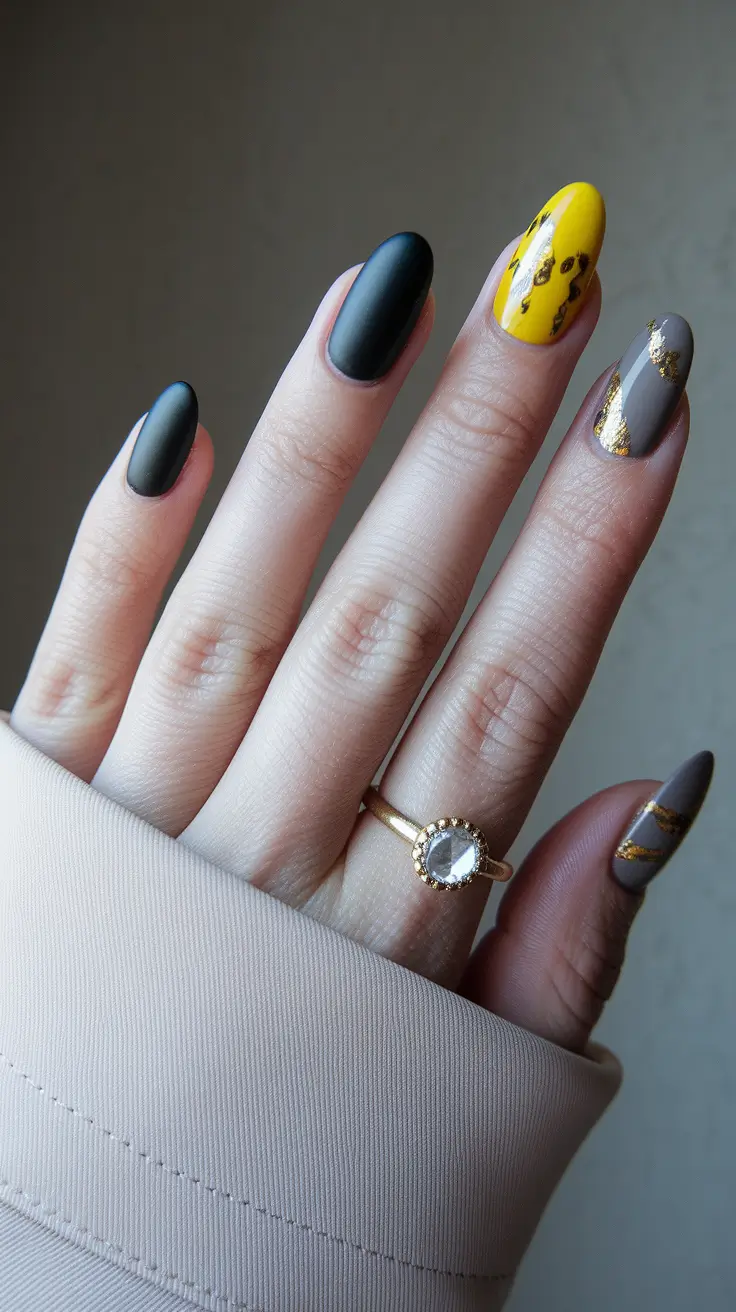 fall season nails ideas Edgy Contrast with Yellow Accents