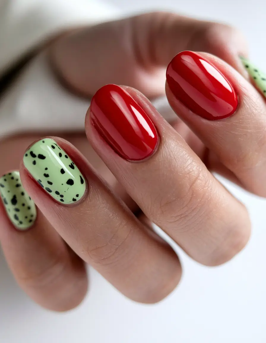 fall season nails ideas Red Speckled Green Duo