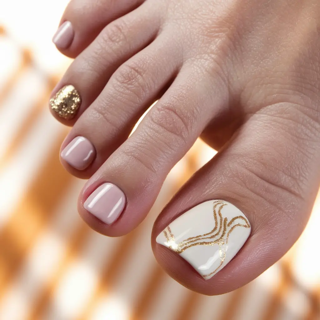 Fall Seasonal Toe Nails for October 2025 Soft Nude with Golden Accents