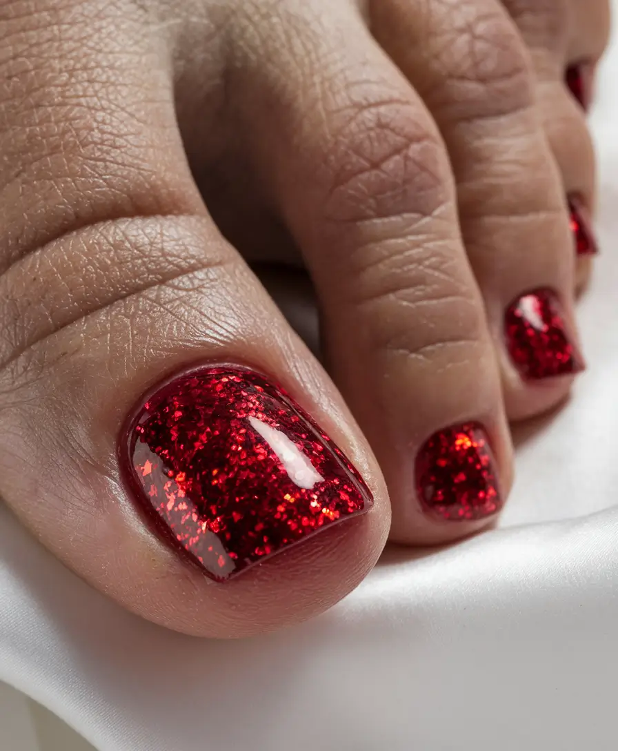 Fall Seasonal Toe Nails for October 2025 Fiery Red Glitter Glow
