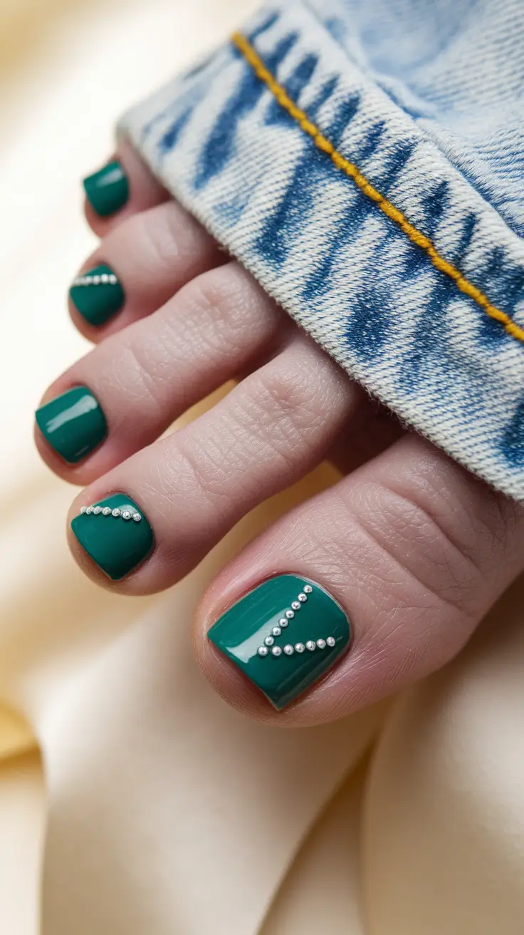 Fall Seasonal Toe Nails for October 2025 Emerald Green with Pearl Detailing