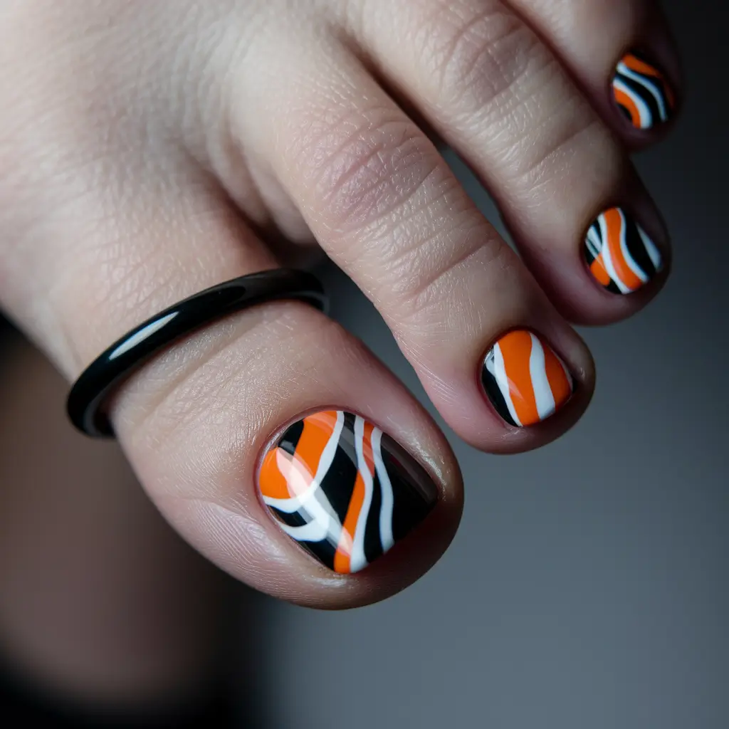 Fall Seasonal Toe Nails for October 2025 Halloween Stripes in Orange and Black