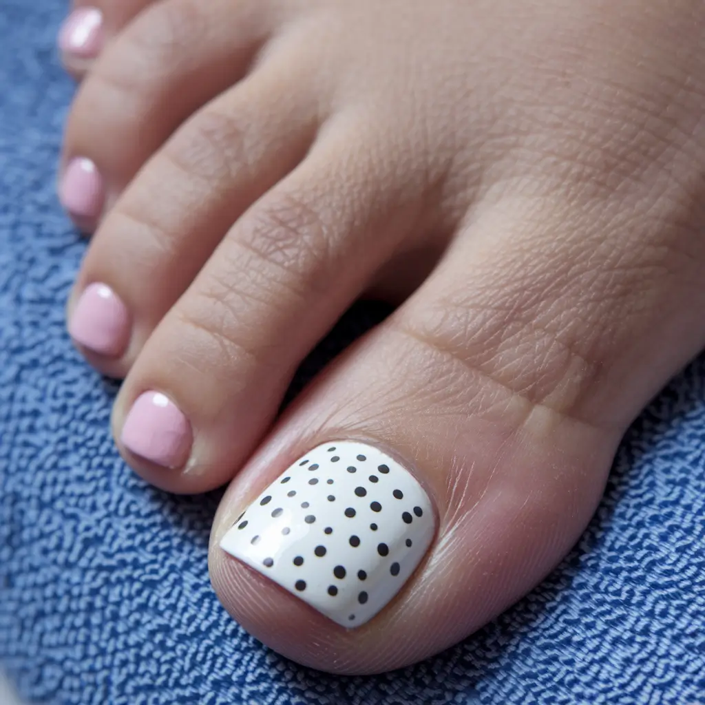 Fall Seasonal Toe Nails for October 2025 Soft Pink with Polka Dot Contrast