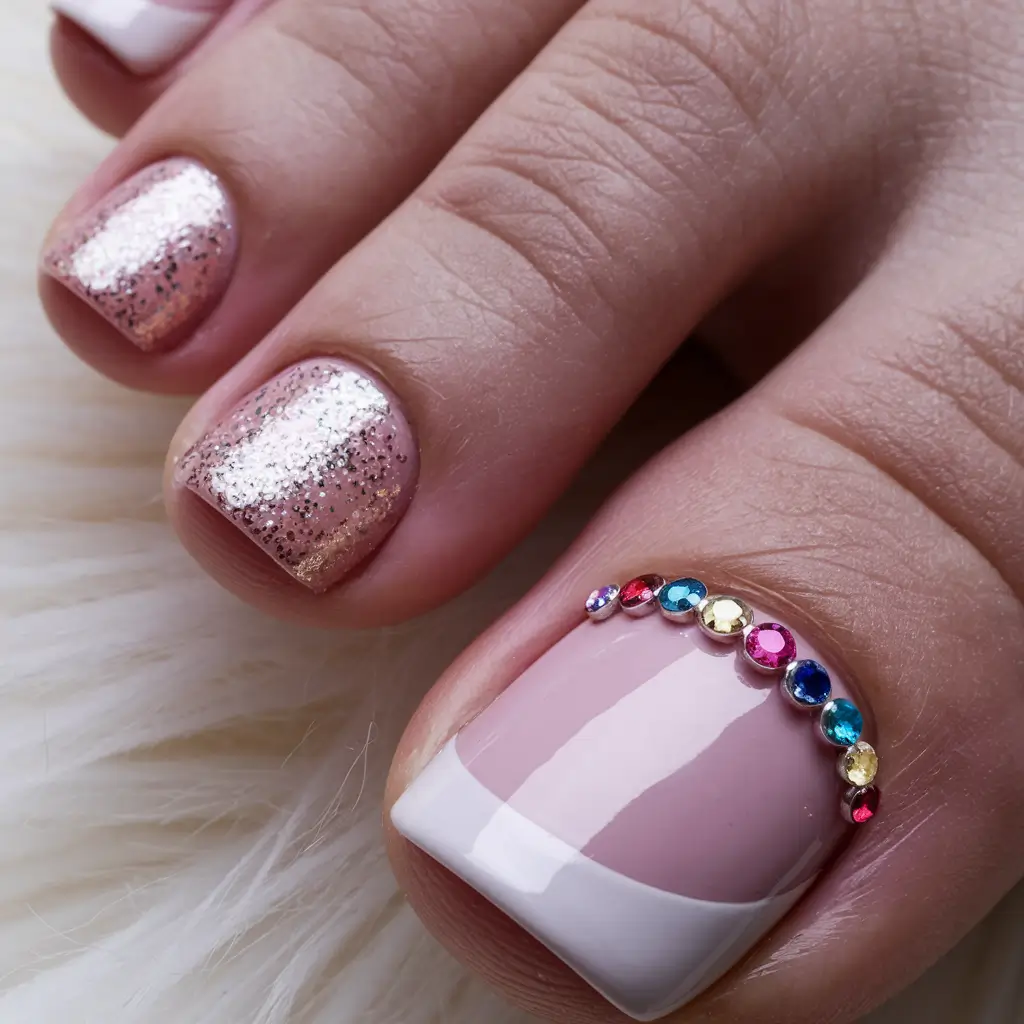 Fall Seasonal Toe Nails for October 2025 French with Glitter and Jewels