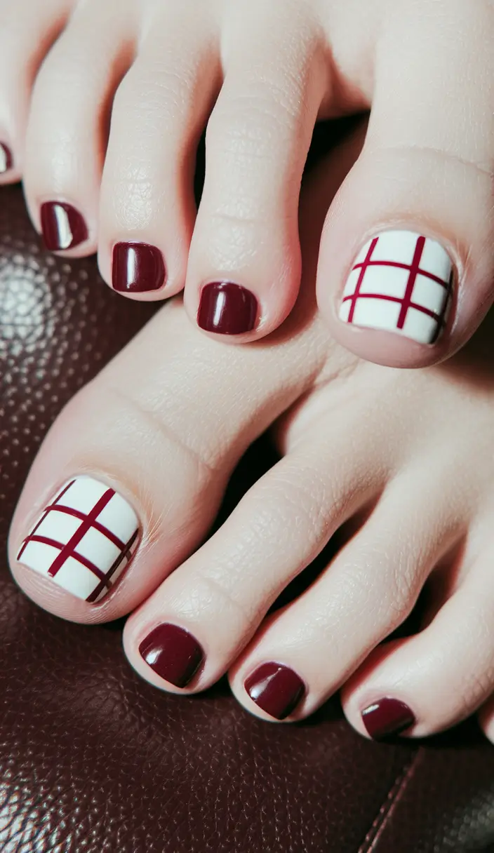 Fall Seasonal Toe Nails for October 2025 Burgundy Checks