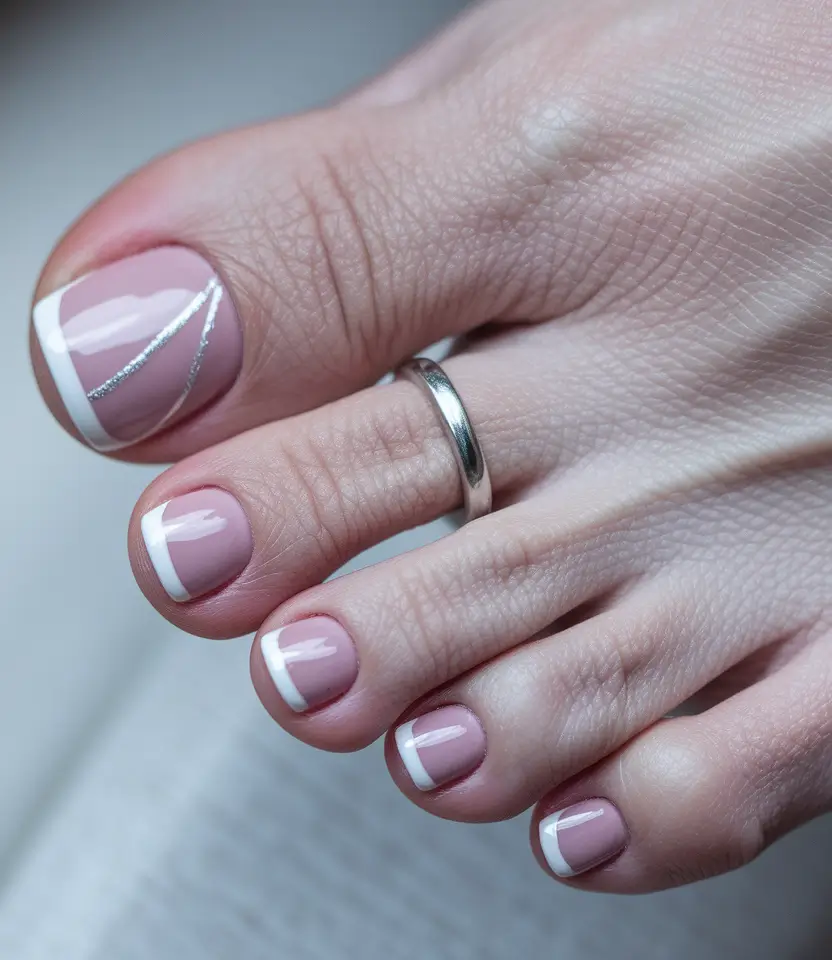 Fall Seasonal Toe Nails for October 2025 French with a Silver Twist