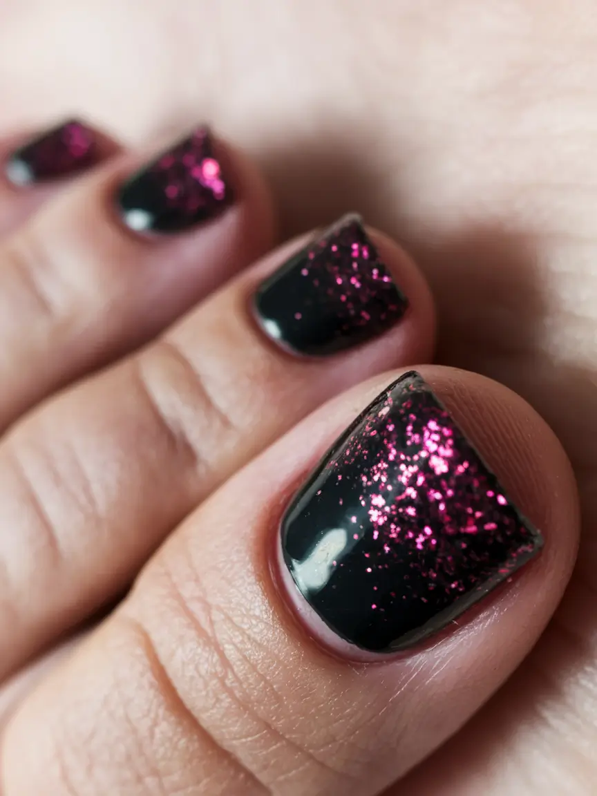 Fall Seasonal Toe Nails for October 2025 Midnight Black with Fuchsia Sparkle