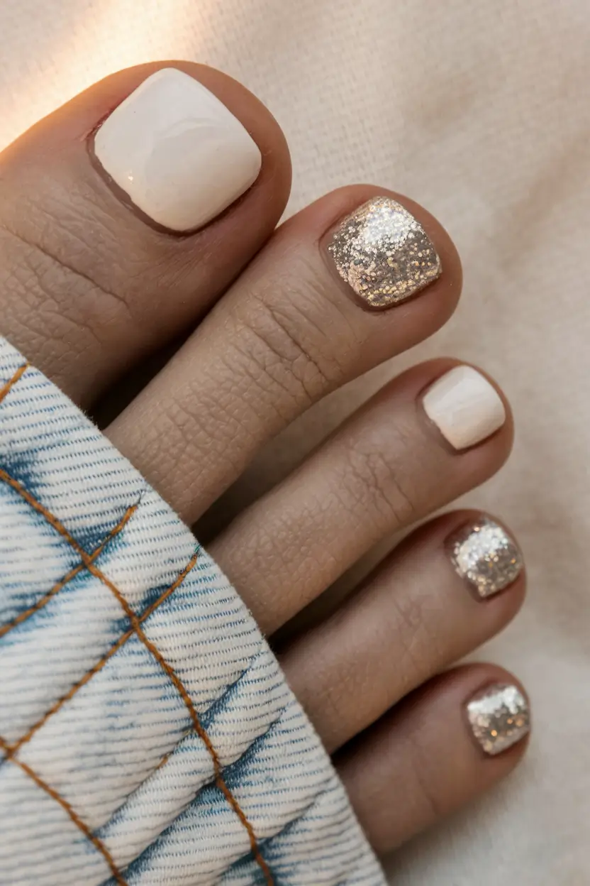 Fall Seasonal Toe Nails for October 2025 White and Silver Glitter Duo