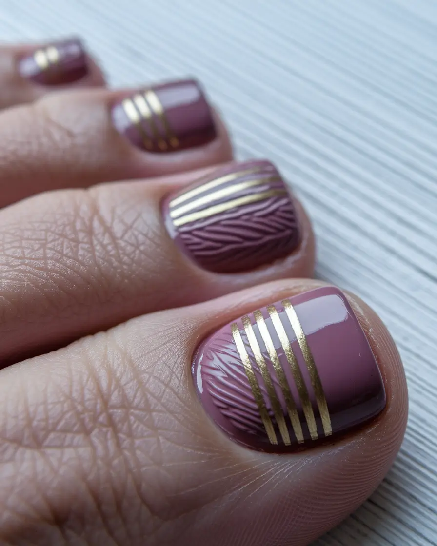 Fall Seasonal Toe Nails for October 2025 Muted Plum with Golden Stripes