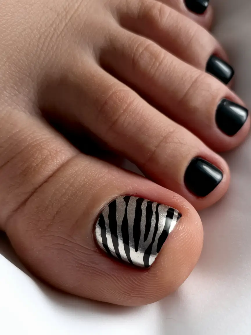 Fall Seasonal Toe Nails for October 2025 Monochrome Zebra Drama