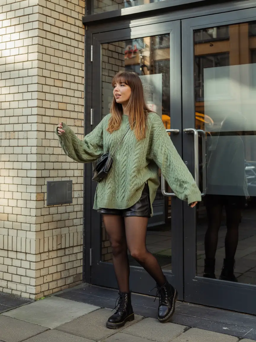 fall winter outfits 2025 Oversized Knit Meets Leather Edge