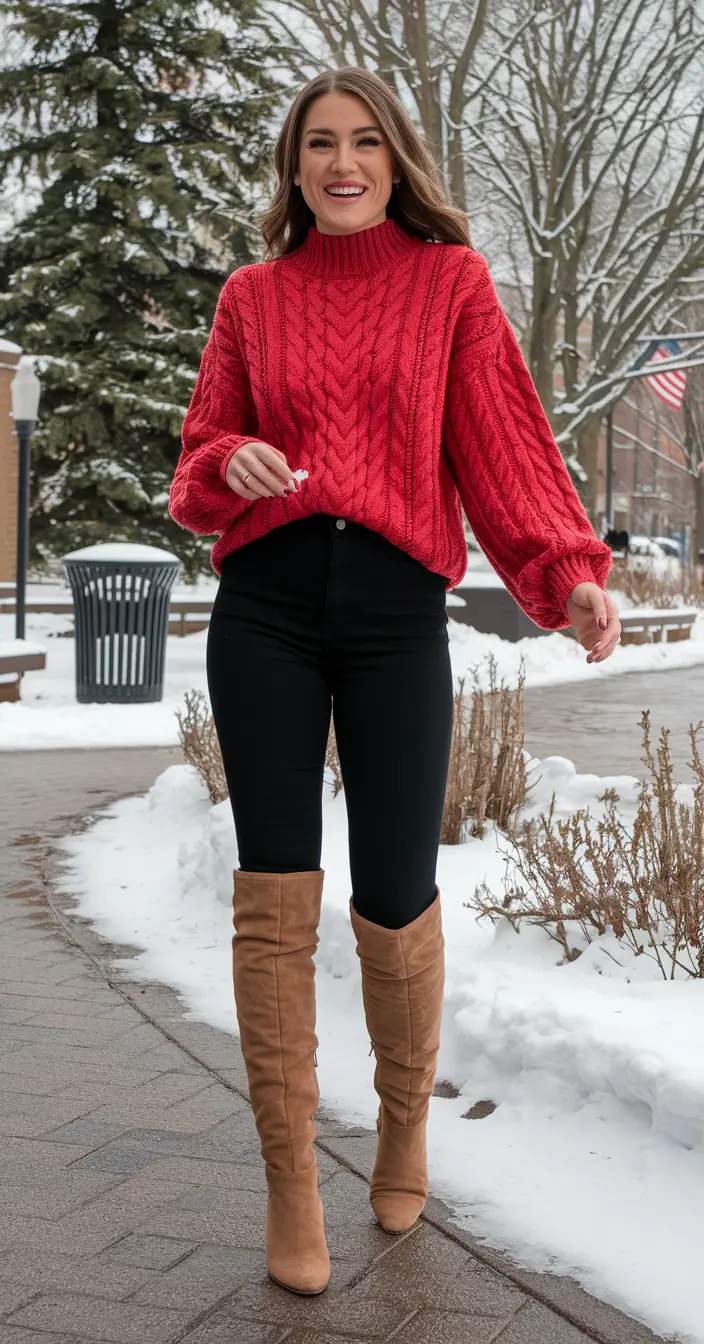 fall winter outfits 2025 Bold Red Knit with Knee-High Boots