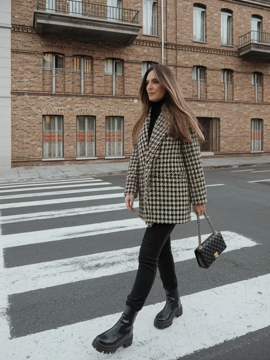 fall winter outfits 2025 Houndstooth Statement Coat