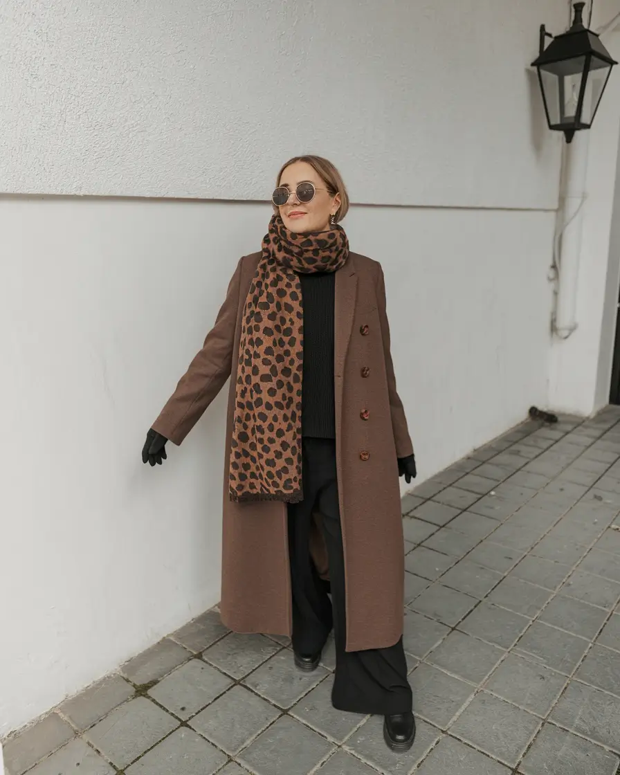 fall winter outfits 2025 Leopard Accent Scarf