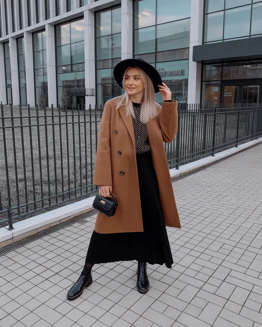fall winter outfits 2025 Camel Coat with Black Skirt