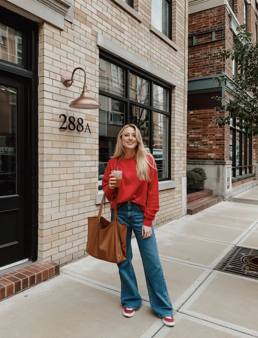 fall winter outfits 2025 Red Pop with Denim