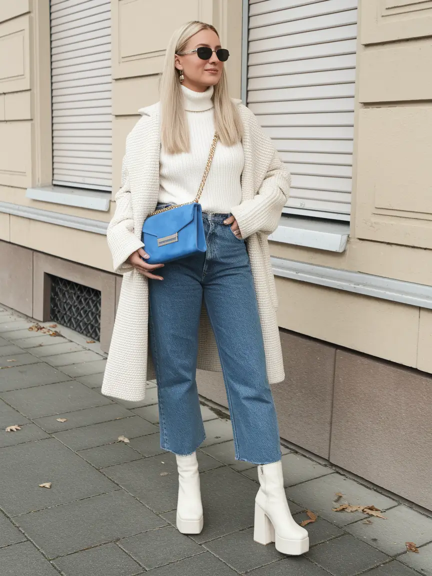 fall winter outfits 2025 Monochrome White with Denim