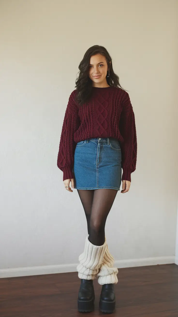 fall winter outfits 2025 Denim Mini with Burgundy Knit