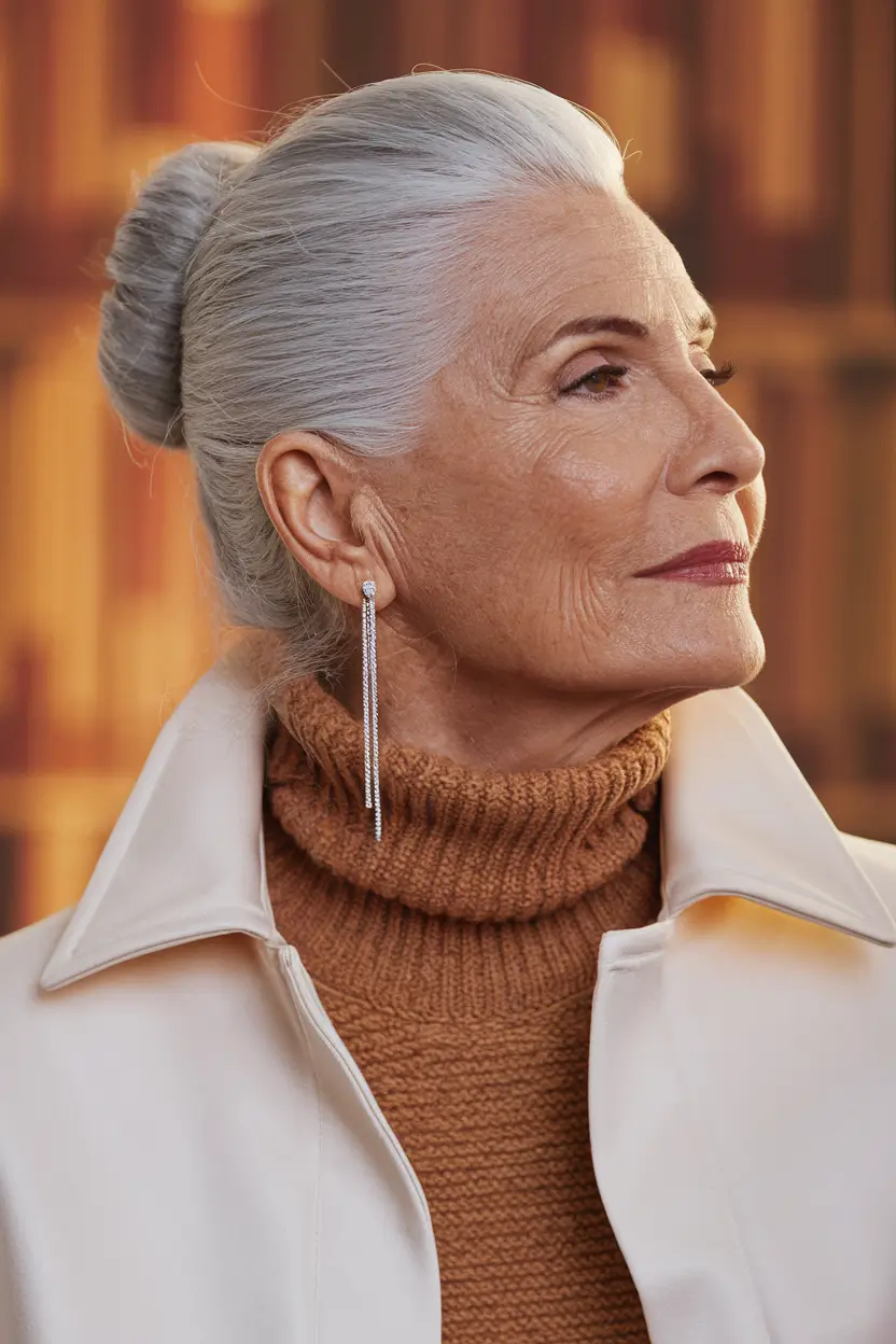 Hair Color & Winter Hairstyles for Women Over 50 2025-2026 Sleek Silver Bun