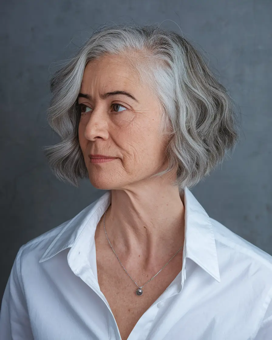 Hair Color & Winter Hairstyles for Women Over 50 2025-2026 Wavy Silver Bob