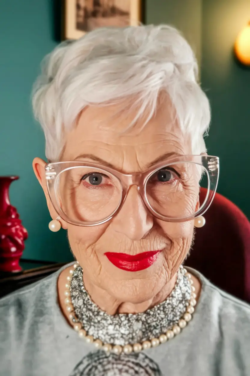 winter hairstyles and color for women over 60 Chic Short Cut with Glasses