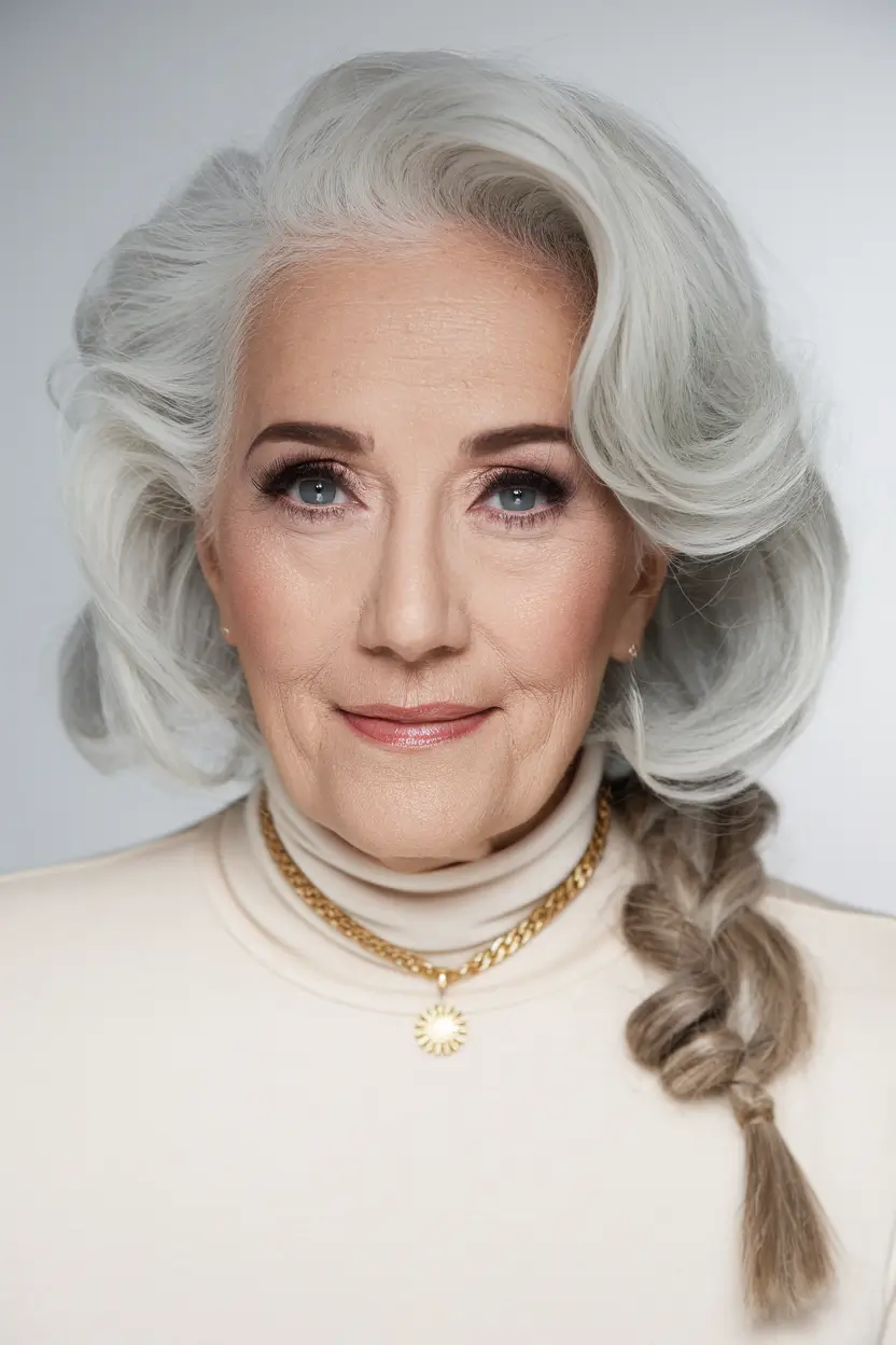 winter hairstyles and color for women over 60 Silver Waves with Loose Braid