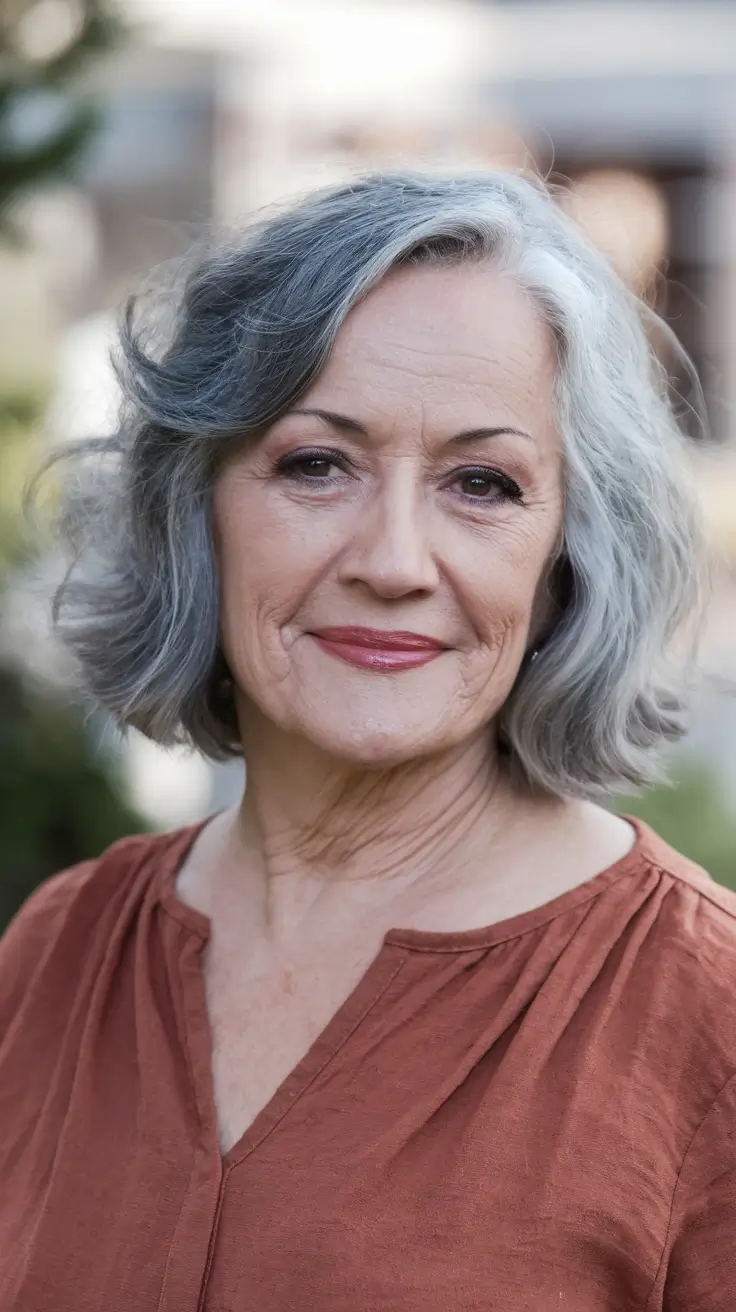 winter hairstyles and color for women over 60 Soft Curved Gray Bob