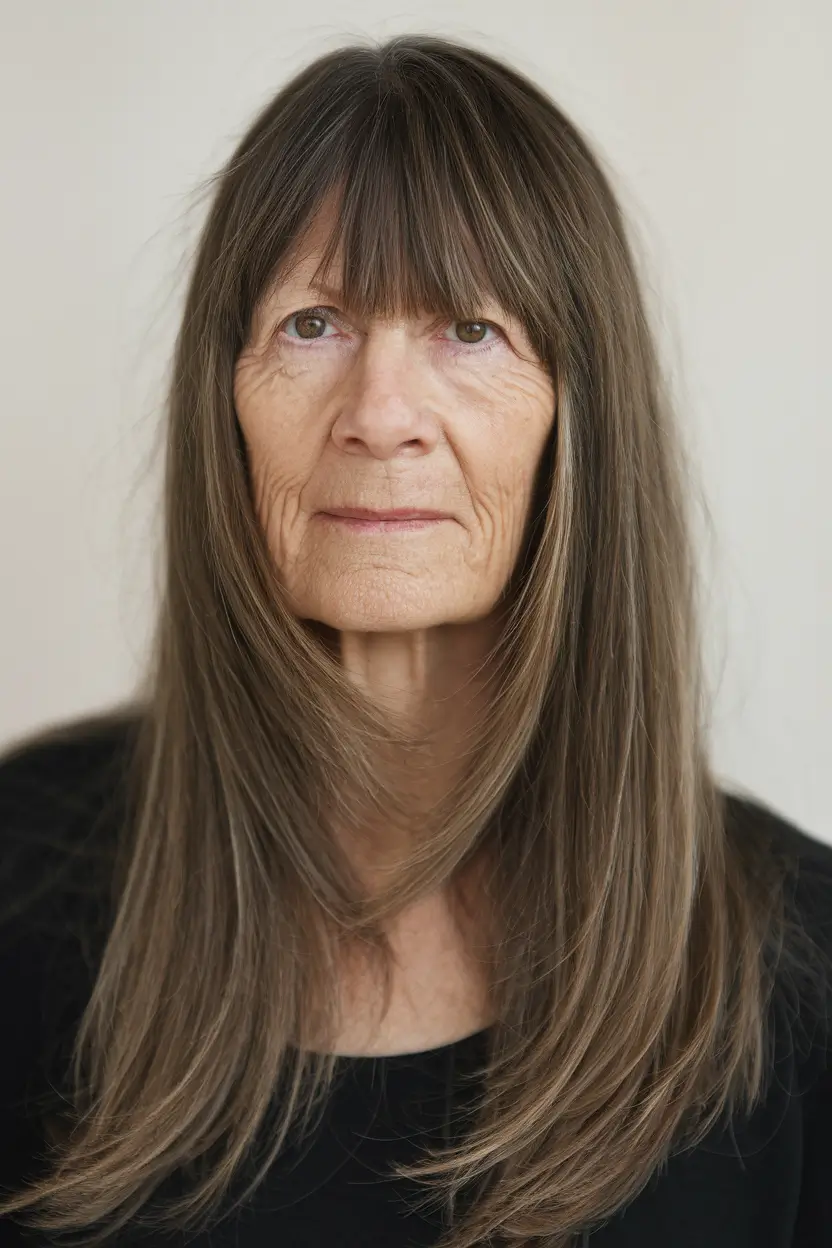 winter hairstyles and color for women over 60 Long Straight Layers with Bangs
