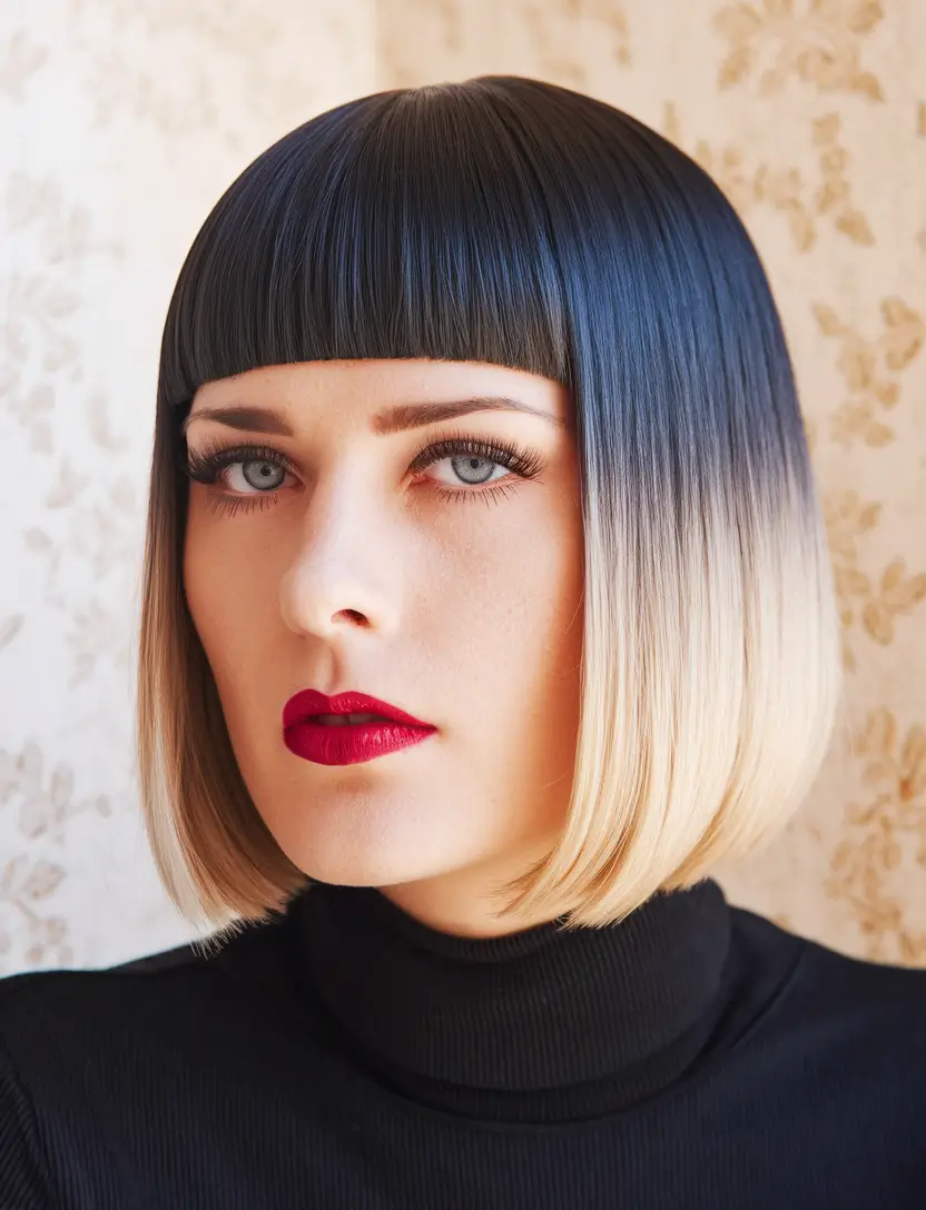 winter haircuts 2026 medium Graphic Ombre Bob with Blunt Fringe
