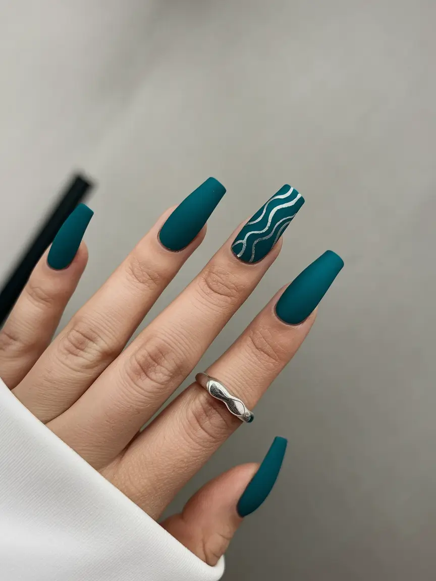 long fall nails trends Deep Teal With Minimalist Waves
