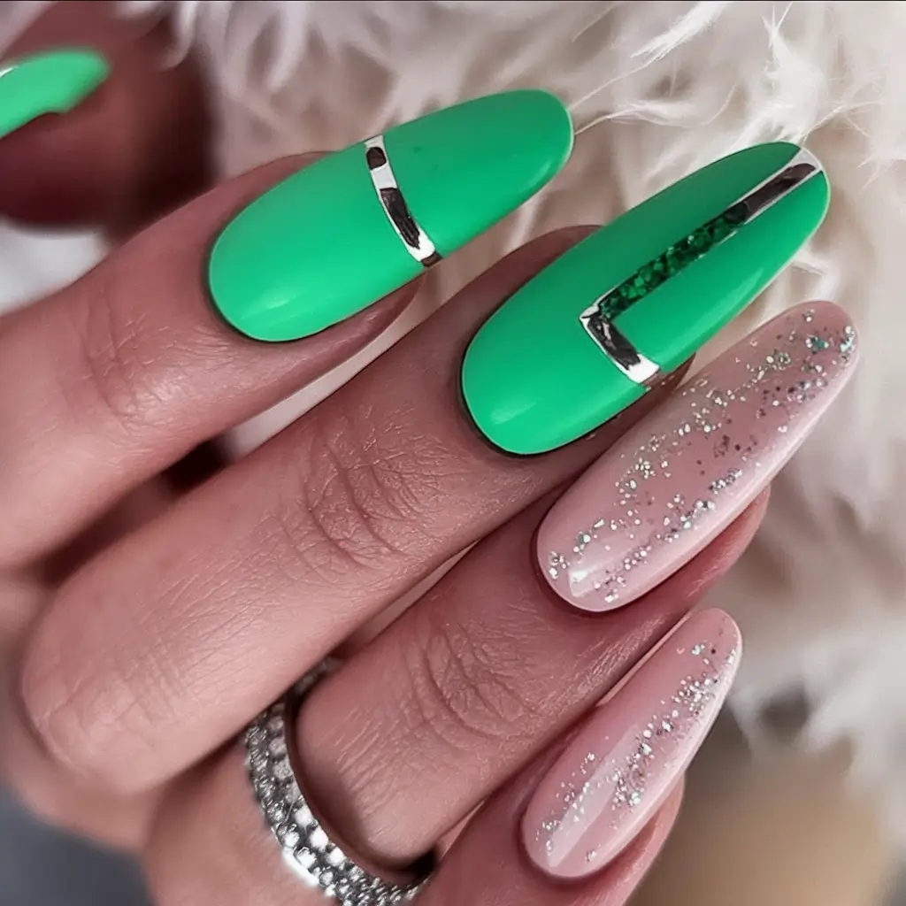 long fall nails trends Vibrant Green With Silver Accents