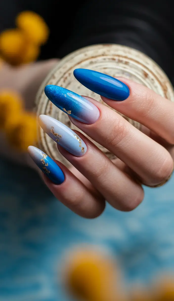 long fall nails trends Blue Gradient With Golden Touch