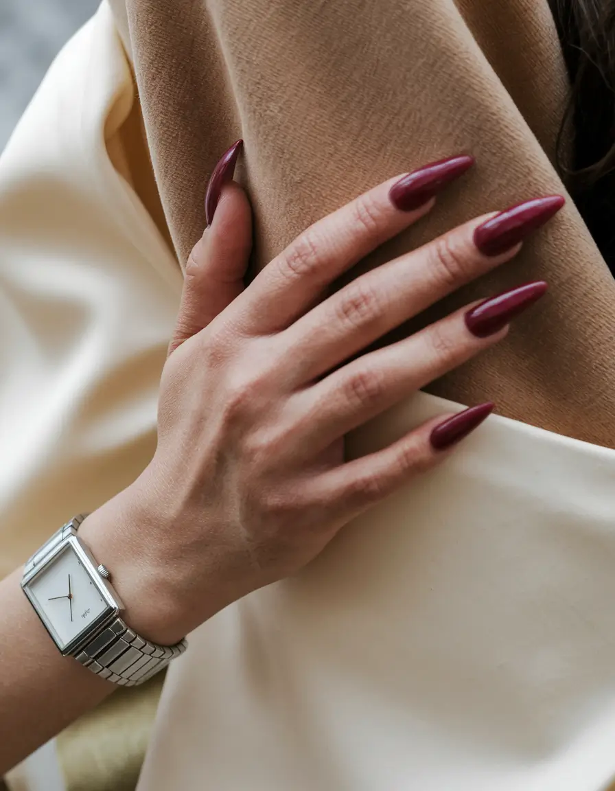 long fall nails trends Wine Almond Elegance