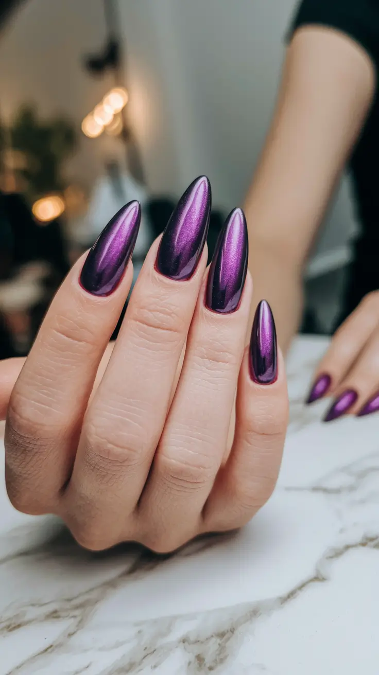 long fall nails trends Metallic Purple Statement