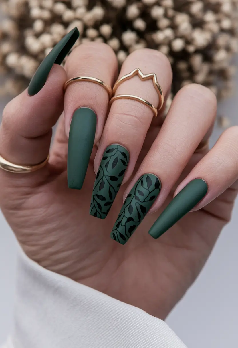 long fall nails trends Forest Matte With Leaf Art
