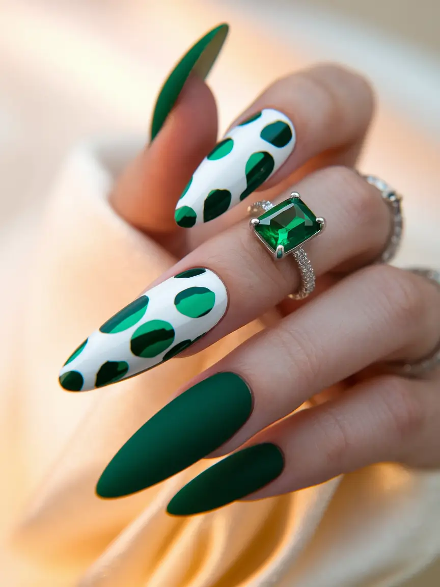 long fall nails trends Emerald Green With Polka Accents