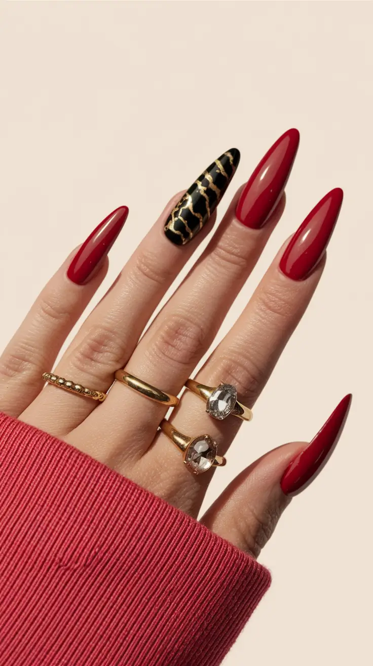 long fall nails trends Red Luxe With Black Accent