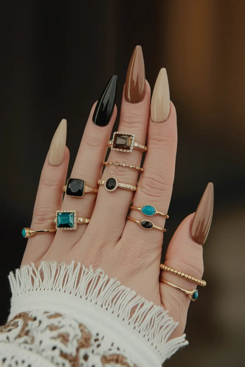 long fall nails trends High-Contrast Glossy Neutrals