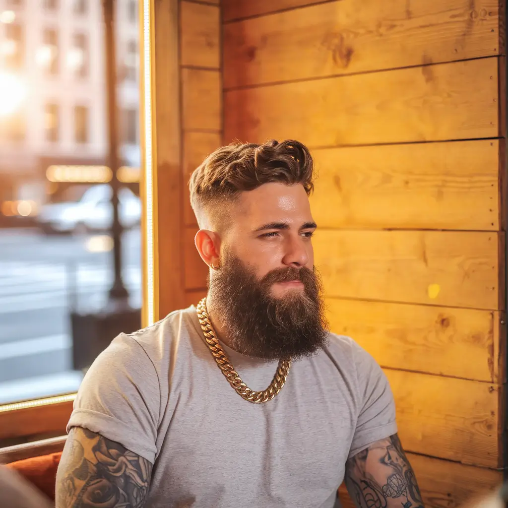 winter men's haircuts Bold Fade with Full Beard Contrast