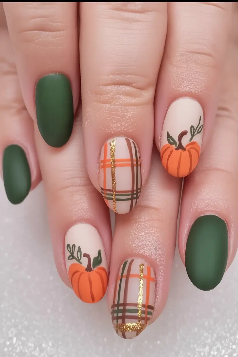 november nail colors 2025 Pumpkin Patch Vibes With Matte Green